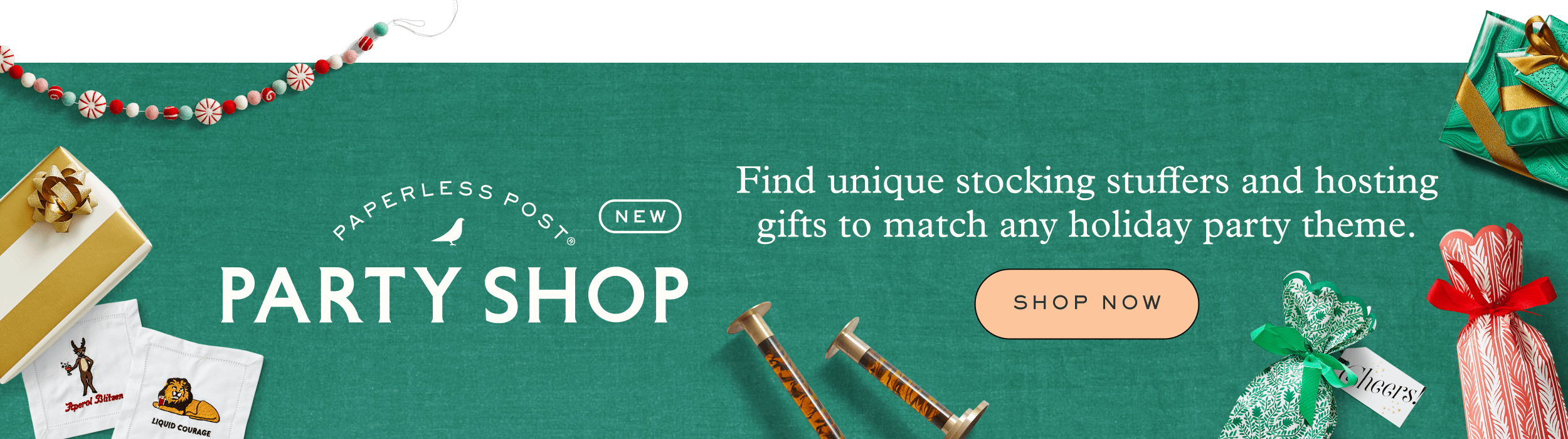 A green banner with wrapped and unwrapped holiday gifts reads "Paperless Post Party Shop - Find unique stocking stuffers and hosting gifts to match any holiday party theme. Shop now."