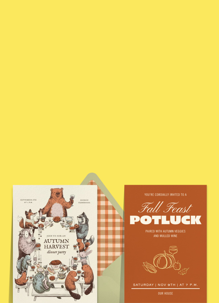 Two fall-themed invitations for a dinner party and a potluck sit on a yellow background with text reading 'Back to Fall Sale. 15% off Coins. Jump right into fall party planning with invitations for Halloween, back-to-school events, and more—and save 15% on Coins with code FALLPARTY. Buy Coins. Sale ends 9/1.'