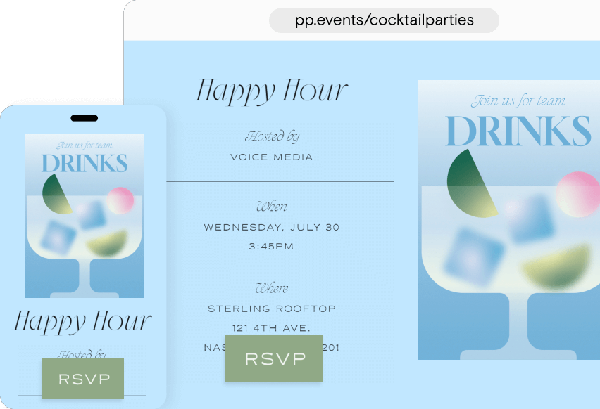 Light blue happy hour Flyer with a gradient background and a frosted drink glass and colorful simple fruit and ice shapes within it.
