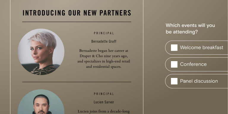 A customized event page showing two people's faces with text saying introduce our new partners, a question/answer combo on the right asking 'which events will you be attending?' with answer options of welcome breakfast, conference, and panel discussion.