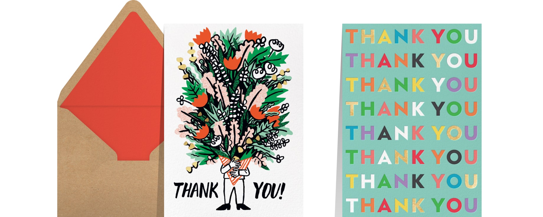 A white card featuring an illustration of a person holding and being entirely covered by an oversized bouquet of colorful flowers and text reading 'THANK YOU!'; A turquoise card with multicolored text reading 'THANK YOU' repeated several times.