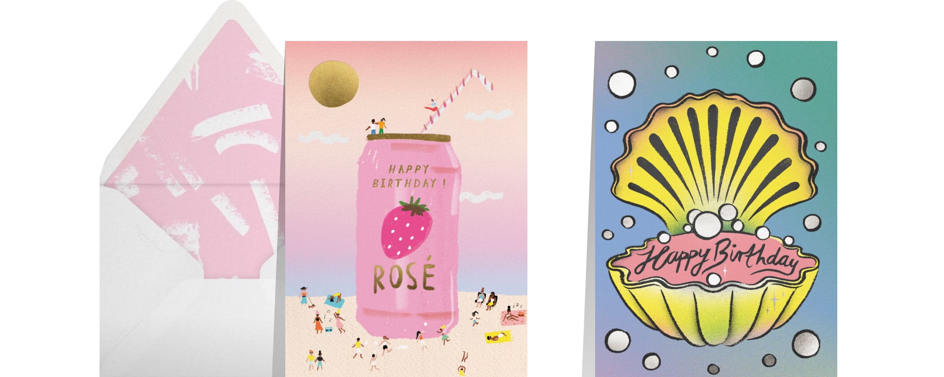 A pastel pink and purple birthday card featuring an illustration of an oversized can of rosé on the beach, surrounded by small people; A turquoise, blue, and purple birthday card with a large illustration of a yellow seashell surrounded by pearls and text reading 'Happy Birthday'.