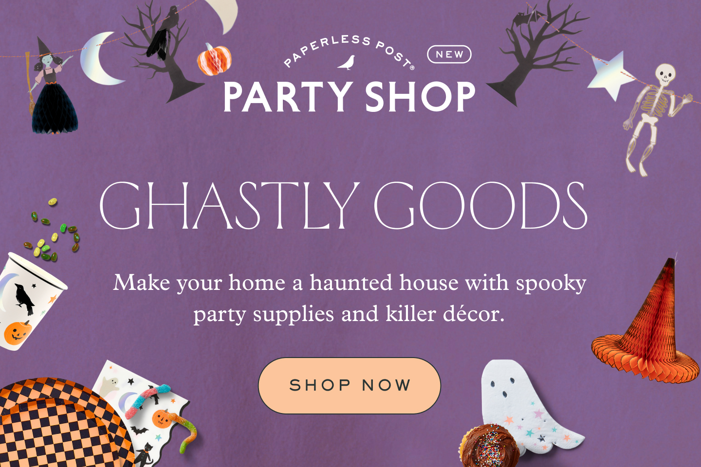 Spider web hanging banner next to an orange and white banner. Black and white bow banner. Ghost paper plate next to a paper cutout of a skeleton with a party hat.  Napkins and cups with the same design as the hanging banner and orange and black checkered plates on a purple background. 'Ghastly Goods, Make your home a haunted house with spooky party supplies and killer decor. Shop Now.'